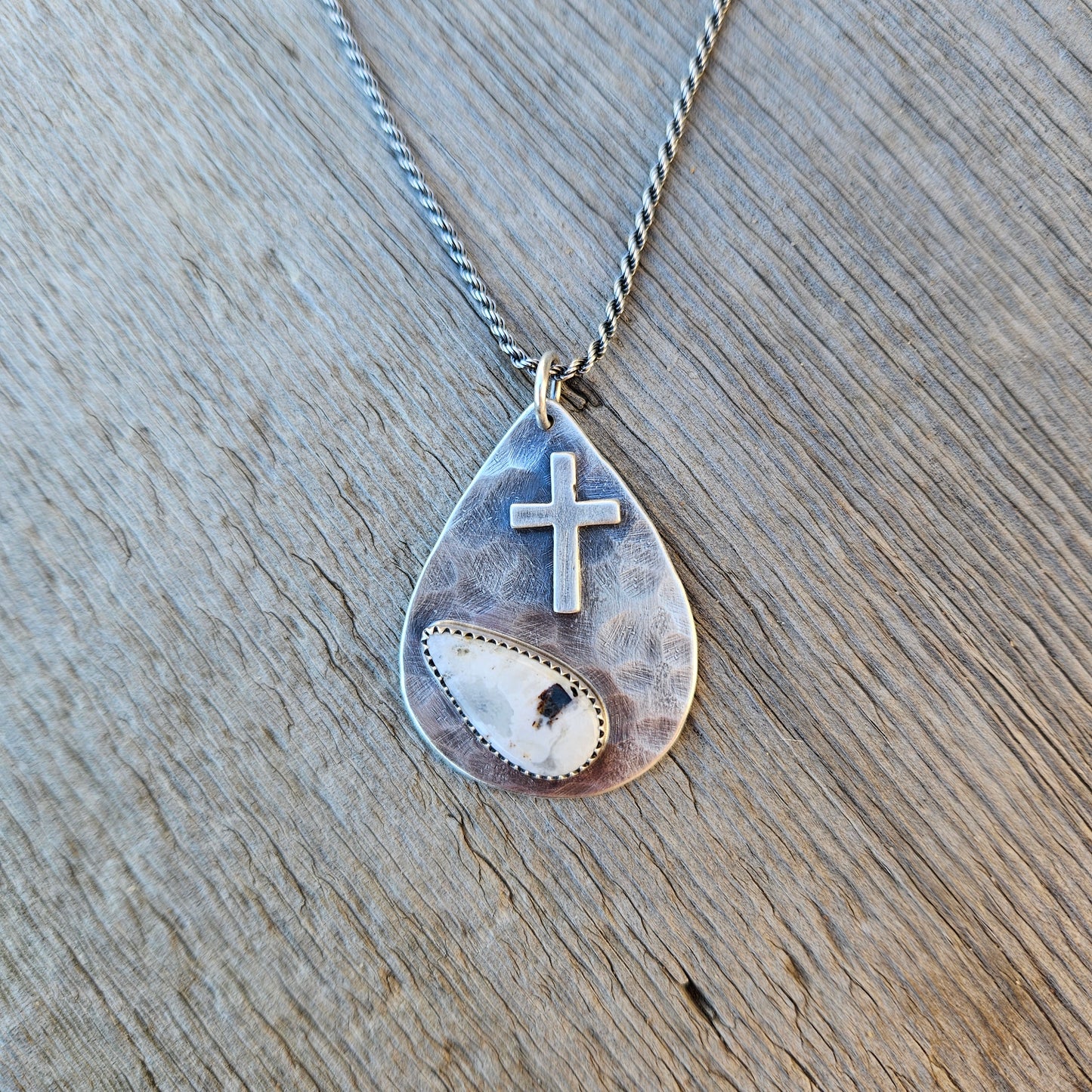 White Buffalo Teardrop Cross Pendant