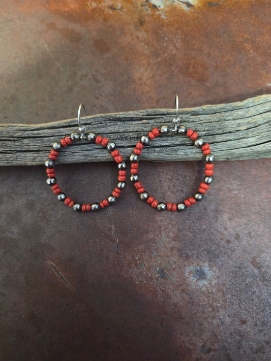 Red and Silver Beaded Earrings